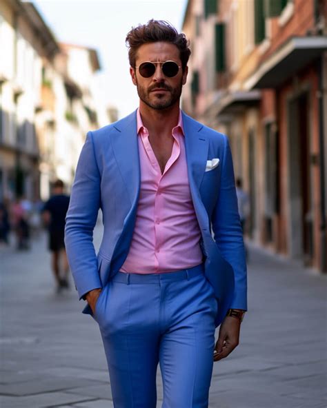 blue suit and pink shirt